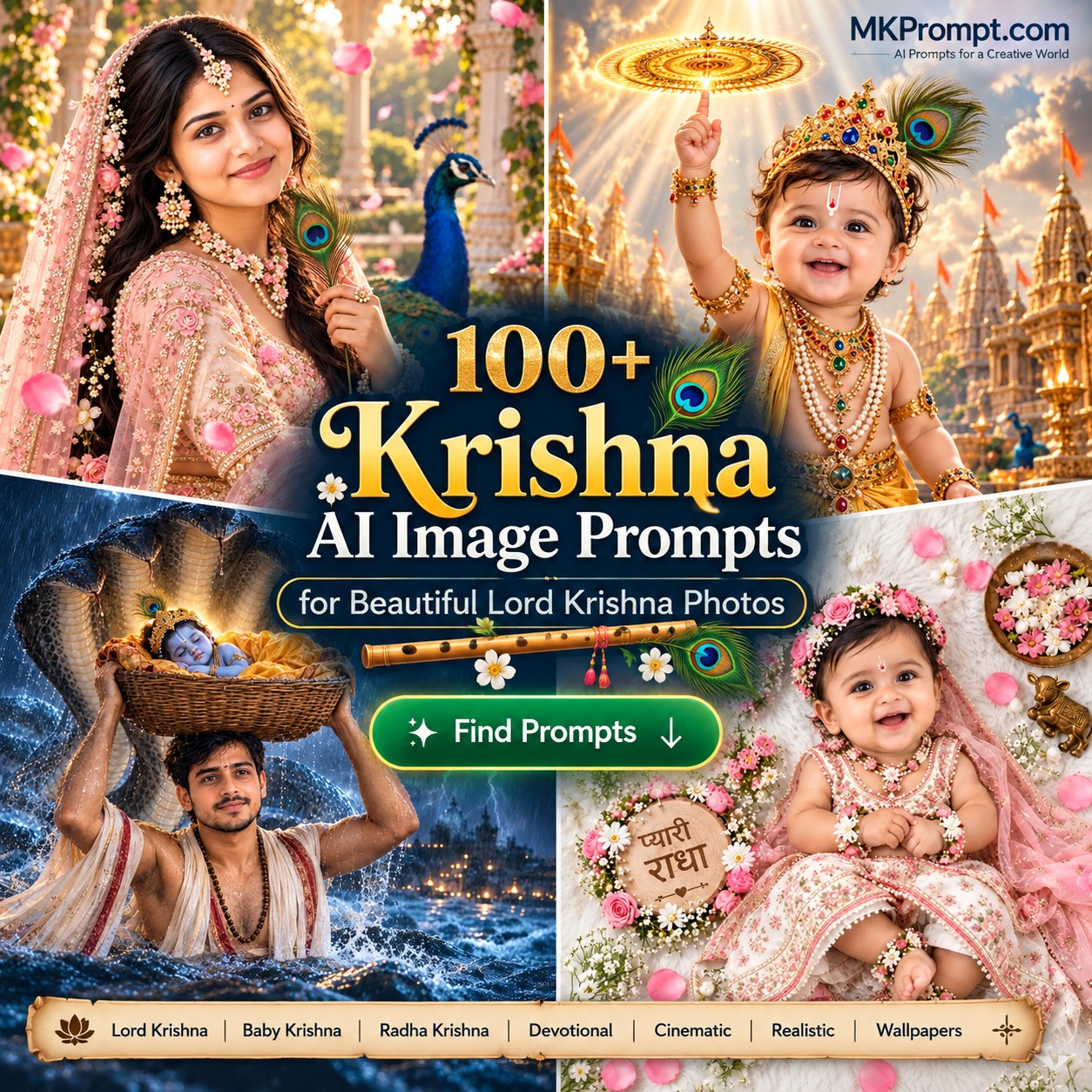 100+ Krishna AI Image Prompts featuring Lord Krishna, Baby Krishna, Radha Krishna, devotional artwork, realistic portraits, and cinematic Krishna images.