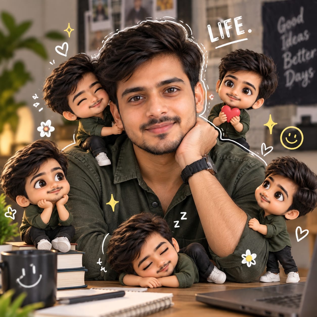 Main subject surrounded by adorable 3D chibi miniatures of themselves with colorful doodles, hearts, flowers, and “LIFE.” lettering.