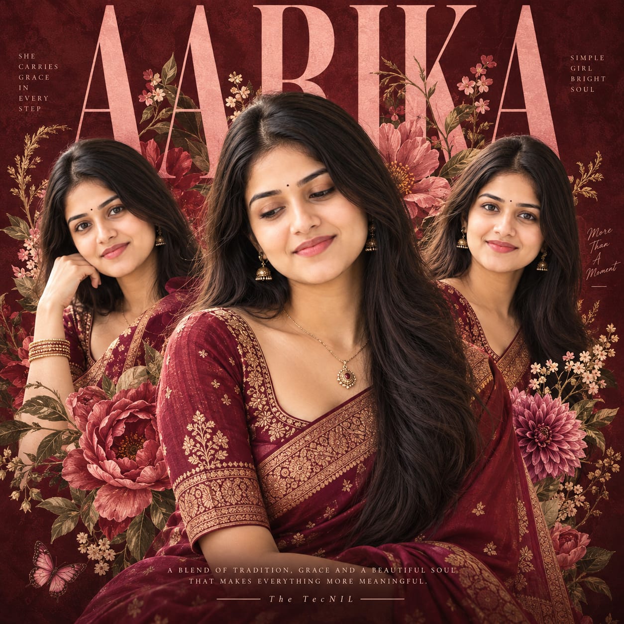 Indian fashion editorial poster featuring three portraits of a woman in a wine-red saree with floral artwork and AARIKA typography