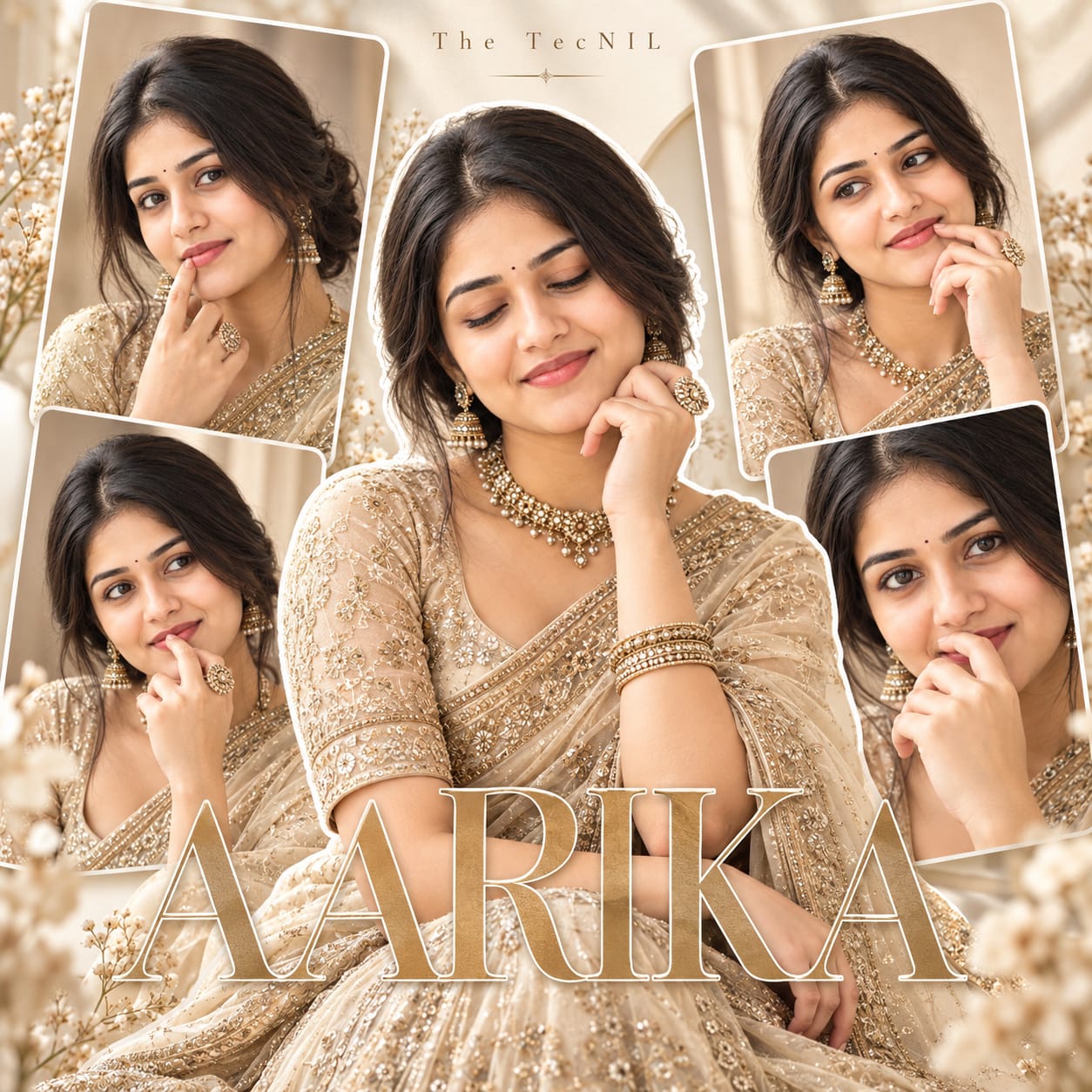 Luxury Indian fashion poster featuring a woman in a champagne-gold saree with four layered portrait panels and AARIKA typography