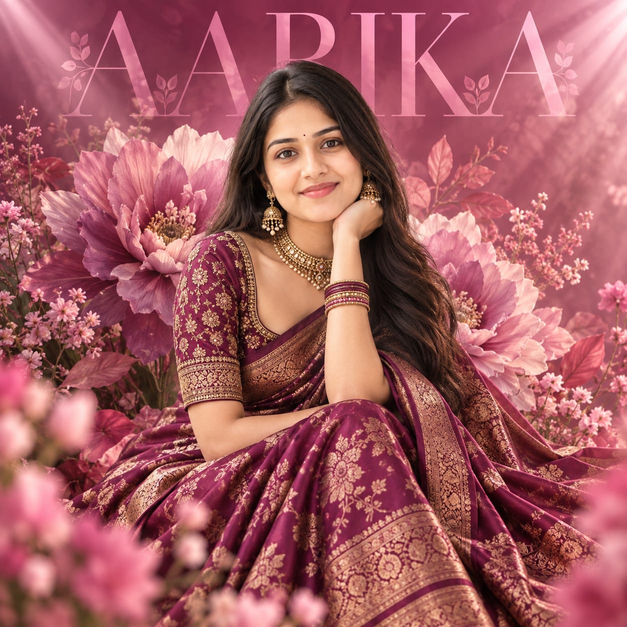 Indian woman in a deep-magenta saree with antique-gold detailing surrounded by pink and lavender flowers with AARIKA typography