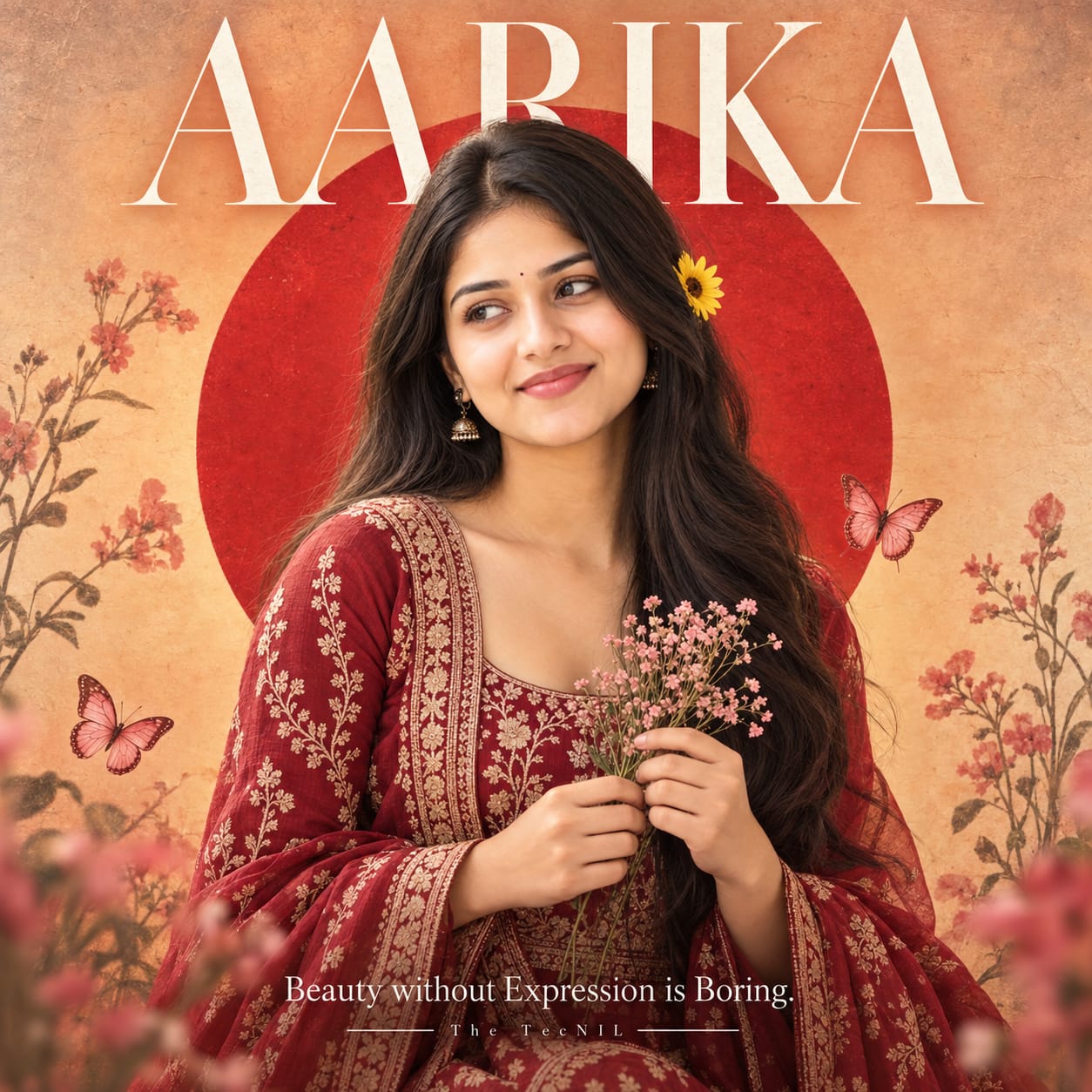 Artistic Indian woman in a maroon embroidered outfit holding pink flowers with a vivid red circular halo and AARIKA typography