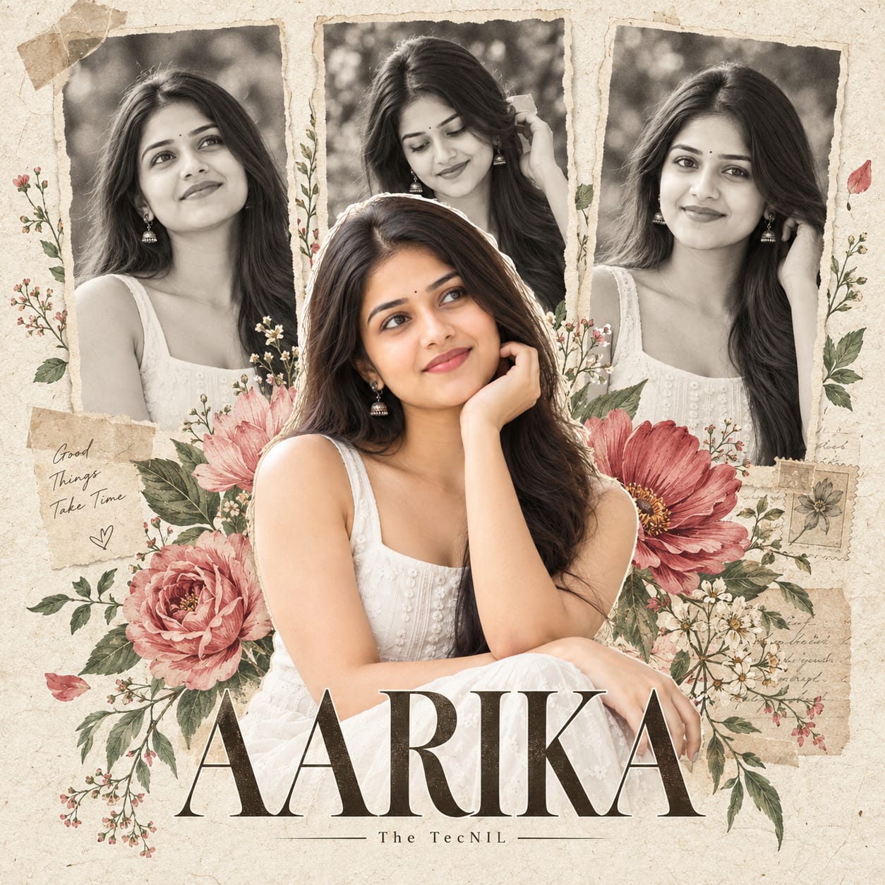 Vintage floral fashion poster featuring a woman in a white dress surrounded by colorful botanical illustrations and AARIKA typography