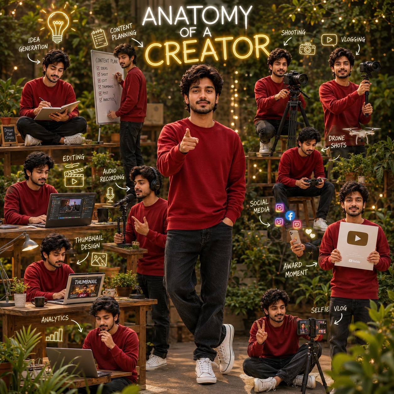 Young content creator surrounded by miniature versions performing filming, editing, vlogging, and social media tasks in a cinematic poster Prompt.