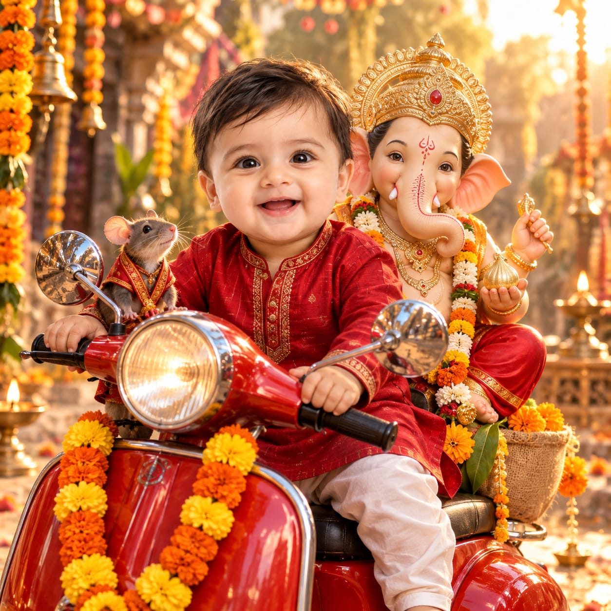 Indian baby boy in a red kurta seated on a vintage scooter with a decorated Lord Ganesha idol during a colorful Ganesh Chaturthi celebration.