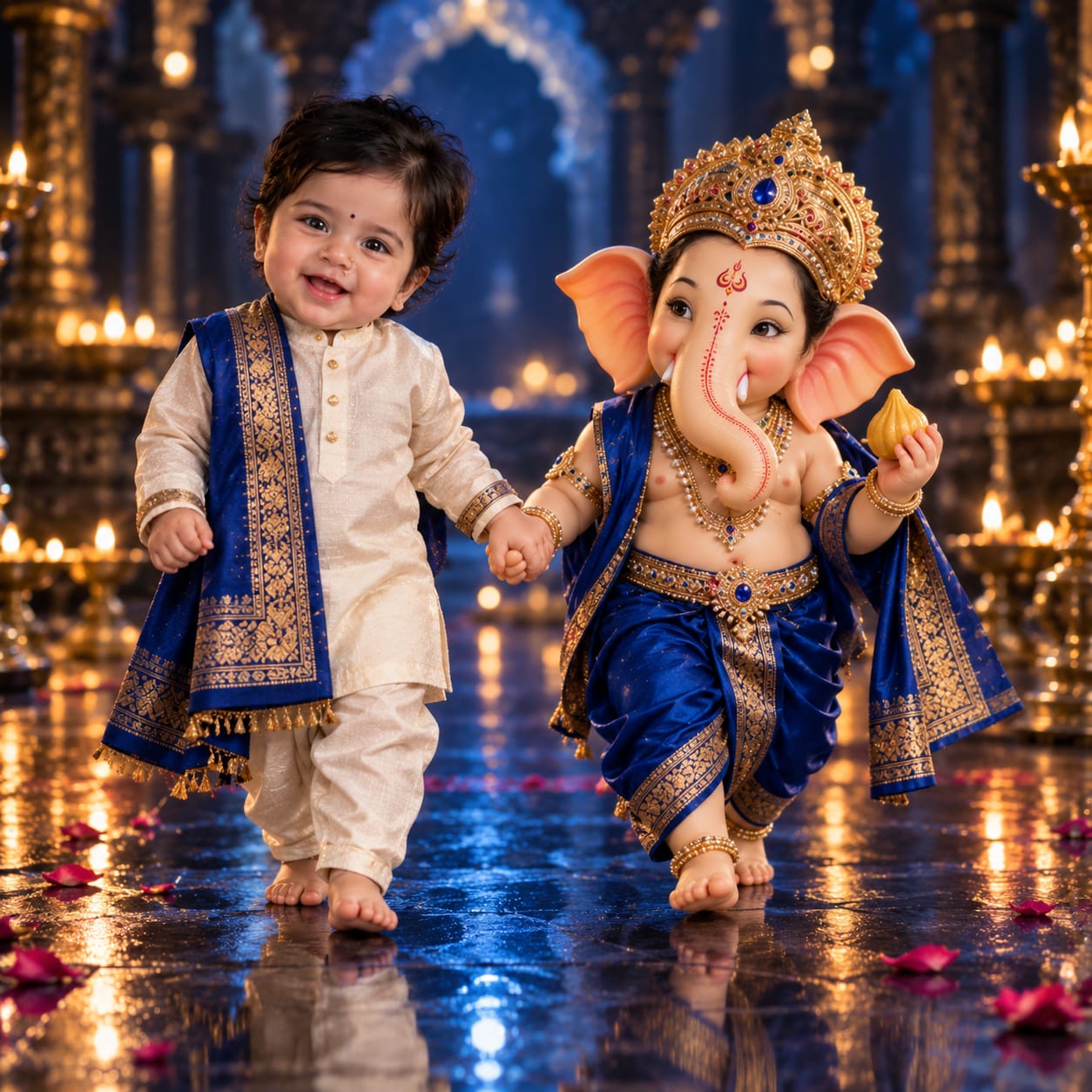 Indian baby boy in traditional clothing walking barefoot hand-in-hand with childlike Lord Ganesha on a reflective blue floor.