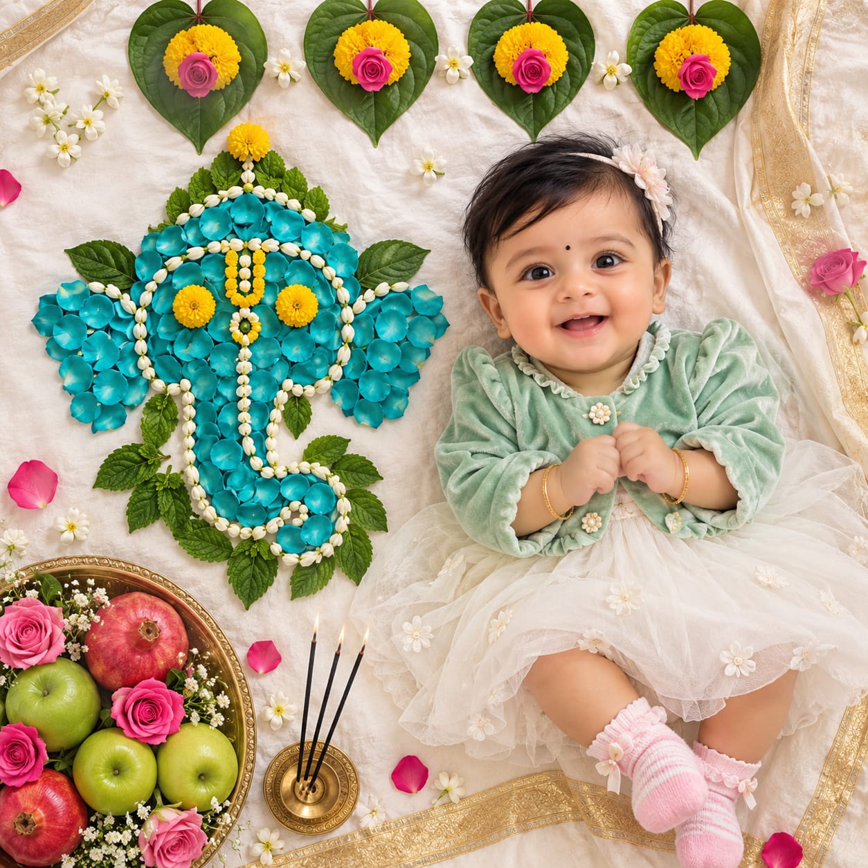 Indian baby girl in a mint-green outfit beside a Lord Ganesha silhouette made from blue rose petals and green leaves in a festive flat-lay scene.