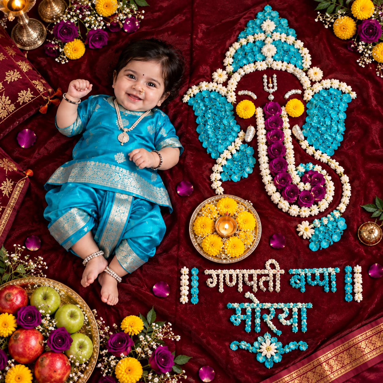 Indian baby girl in a turquoise traditional outfit beside a floral Lord Ganesha design with marigolds, jasmine flowers, roses, and a diya.