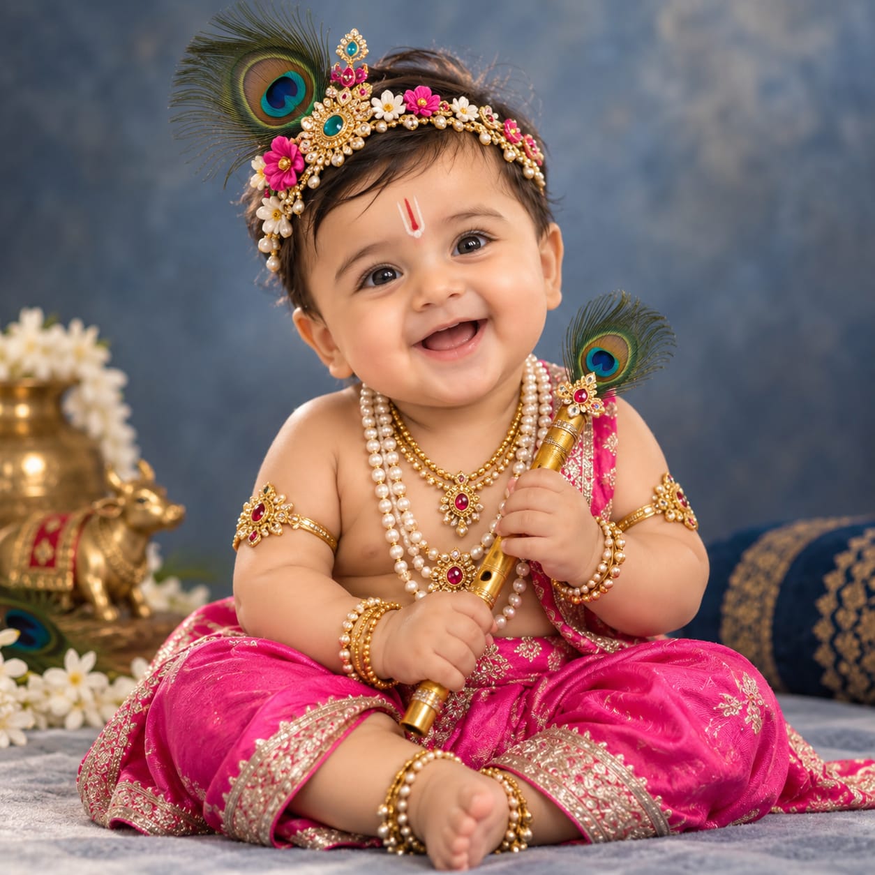 Adorable Indian baby boy portrayed as Lord Krishna wearing a hot-pink dhoti, peacock feather headband, pearl jewelry, and holding a golden flute.
