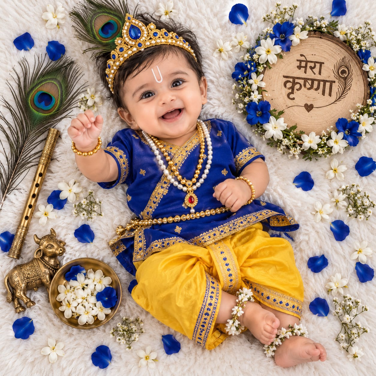 Adorable Indian baby boy dressed as Little Krishna lying on a fluffy white surface with a blue-gold crown, flowers, peacock feathers, and a “मेरा कृष्णा” sign.