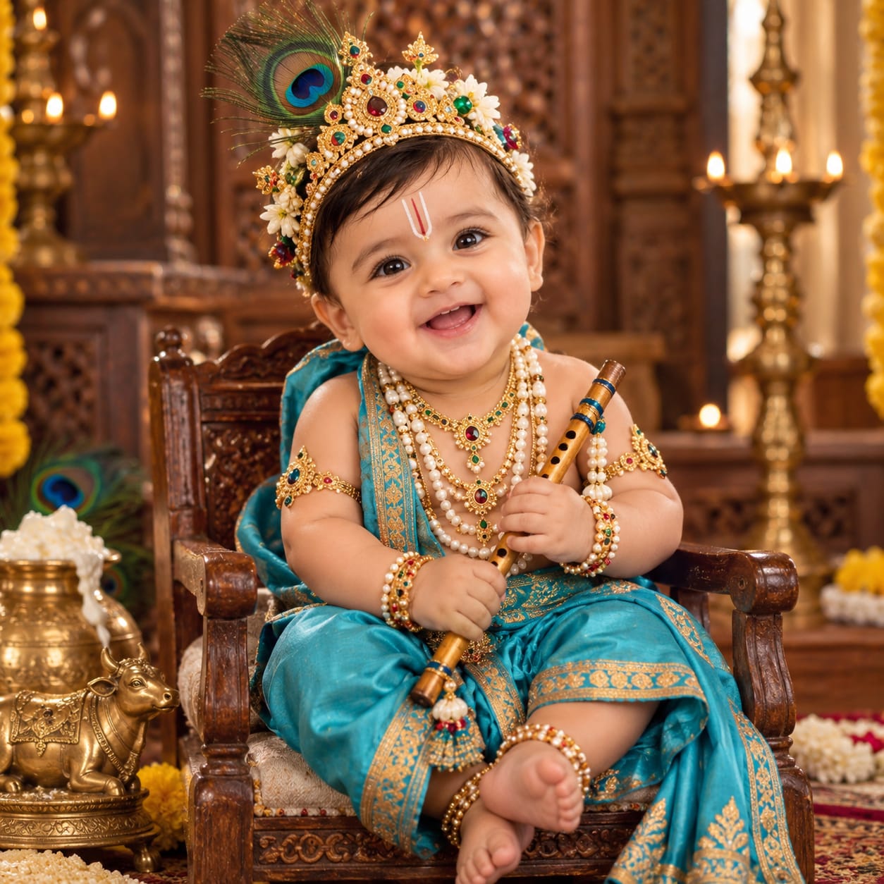Adorable Indian baby boy dressed as Lord Krishna seated on a rustic wooden chair in a traditional wooden interior with a jeweled crown and peacock feather.