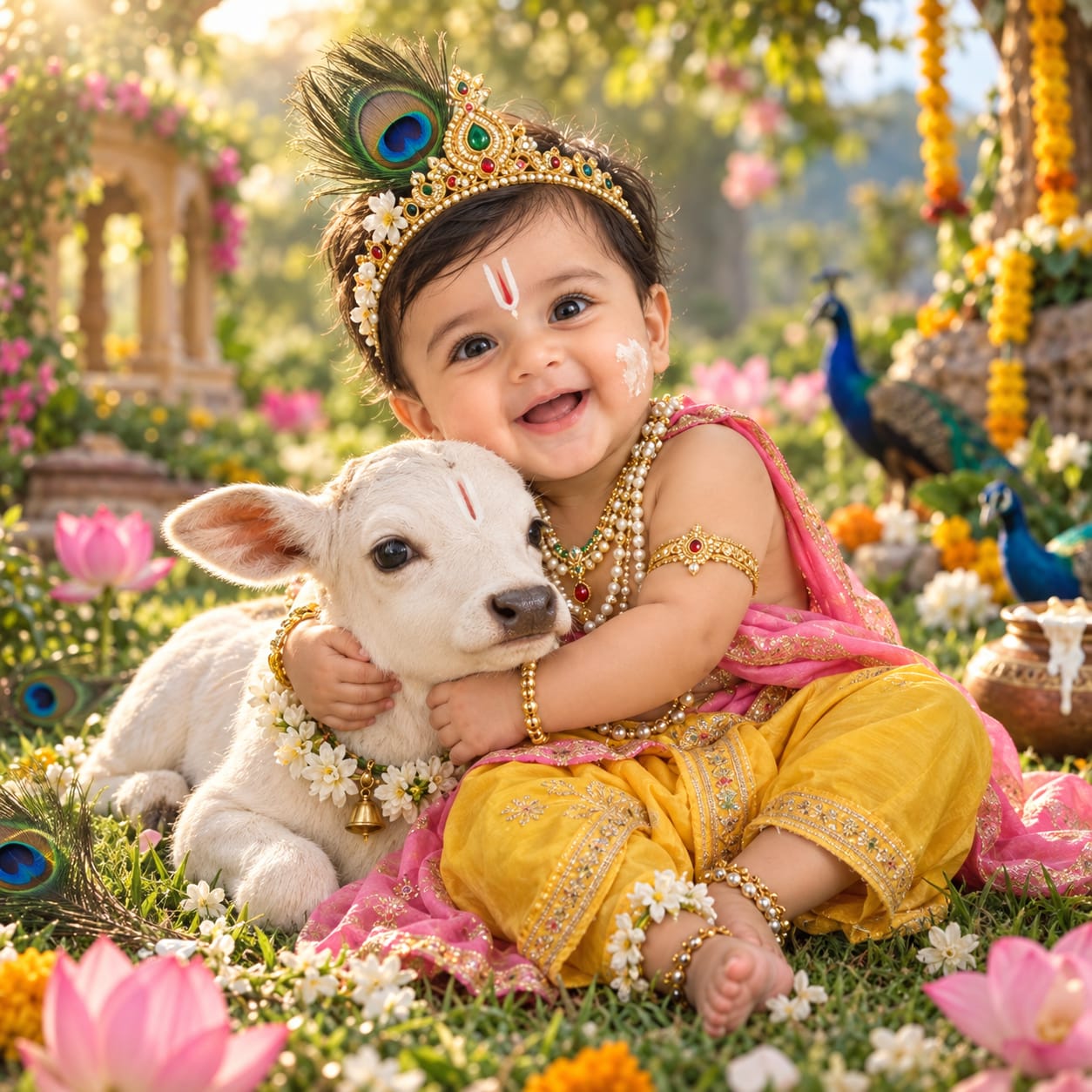 Adorable Indian baby boy dressed as Lord Krishna embracing a tiny white calf on green grass in a dreamy Vrindavan-inspired garden during golden hour.