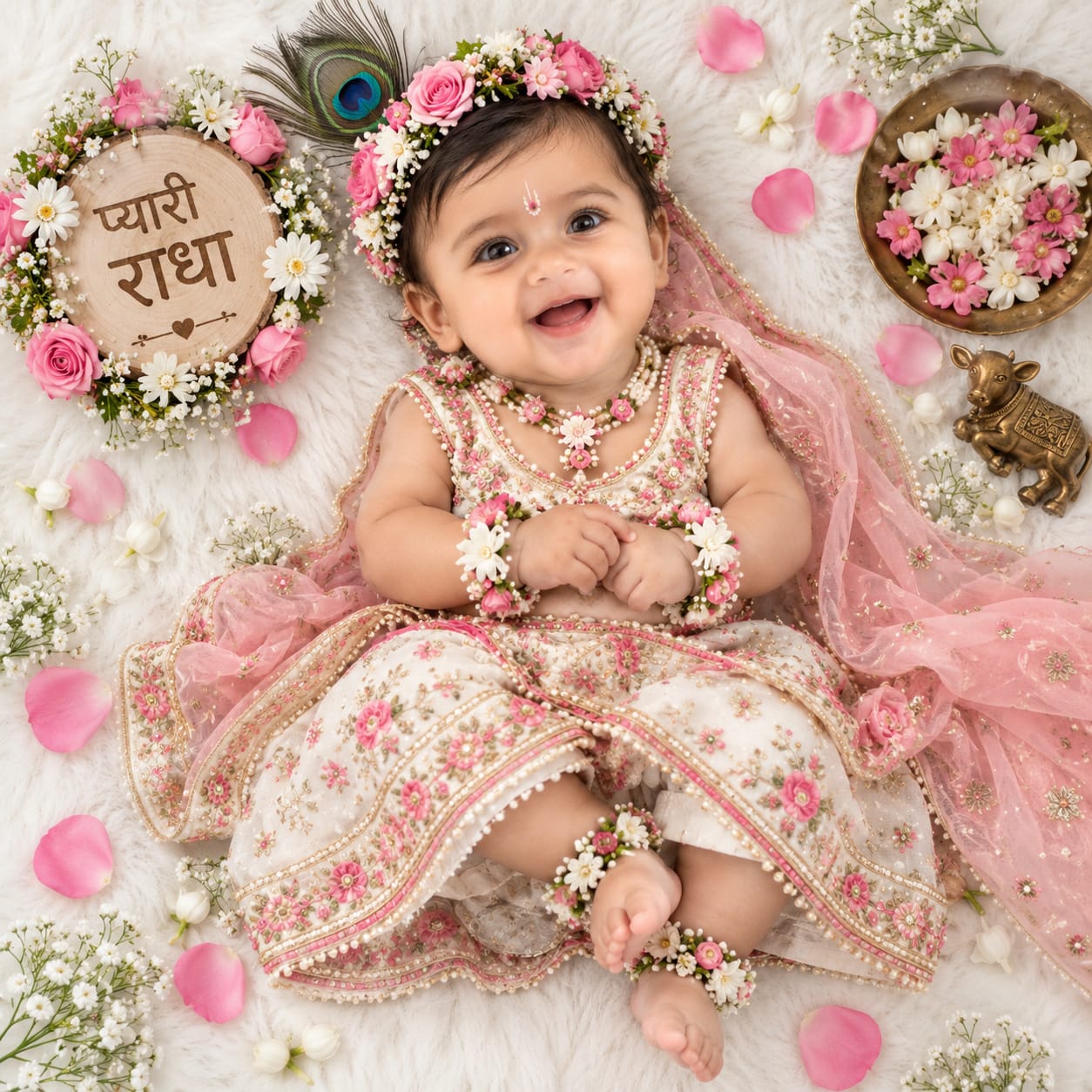 Adorable Indian baby girl styled as Little Radha lying on a fluffy white surface with a pink floral crown, peacock feather, flowers, and “प्यारी राधा” sign.