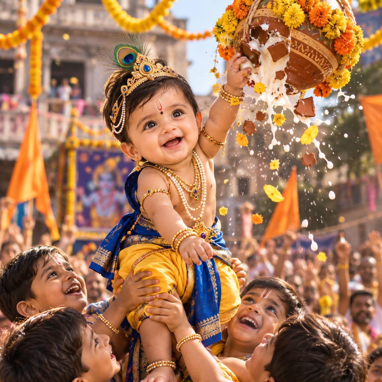 Baby dressed as Bal Krishna during a colorful Janmashtami Dahi Handi celebration, reaching toward a breaking clay matki above a human pyramid.