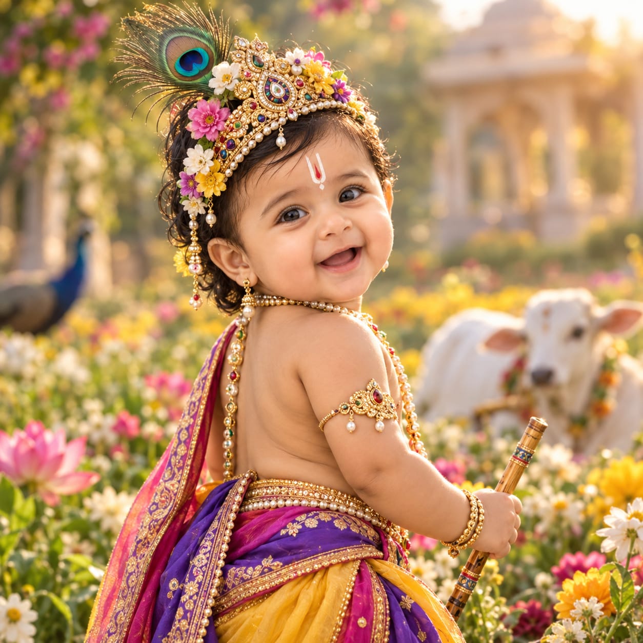 Adorable Indian baby boy dressed as Bal Krishna standing in a colorful flower field with a golden crown, peacock feather, traditional jewelry, and silk dhoti.