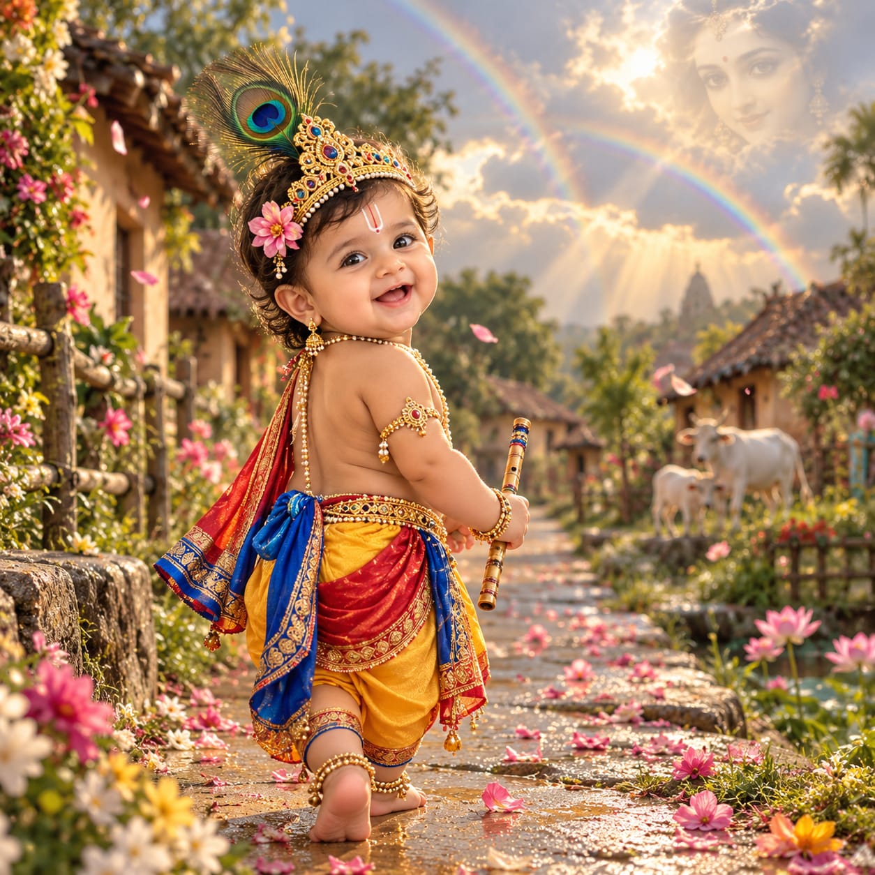 Adorable Indian baby boy dressed as Bal Krishna walking along a flower-filled village path with a flute, peacock feather crown, and double rainbow.