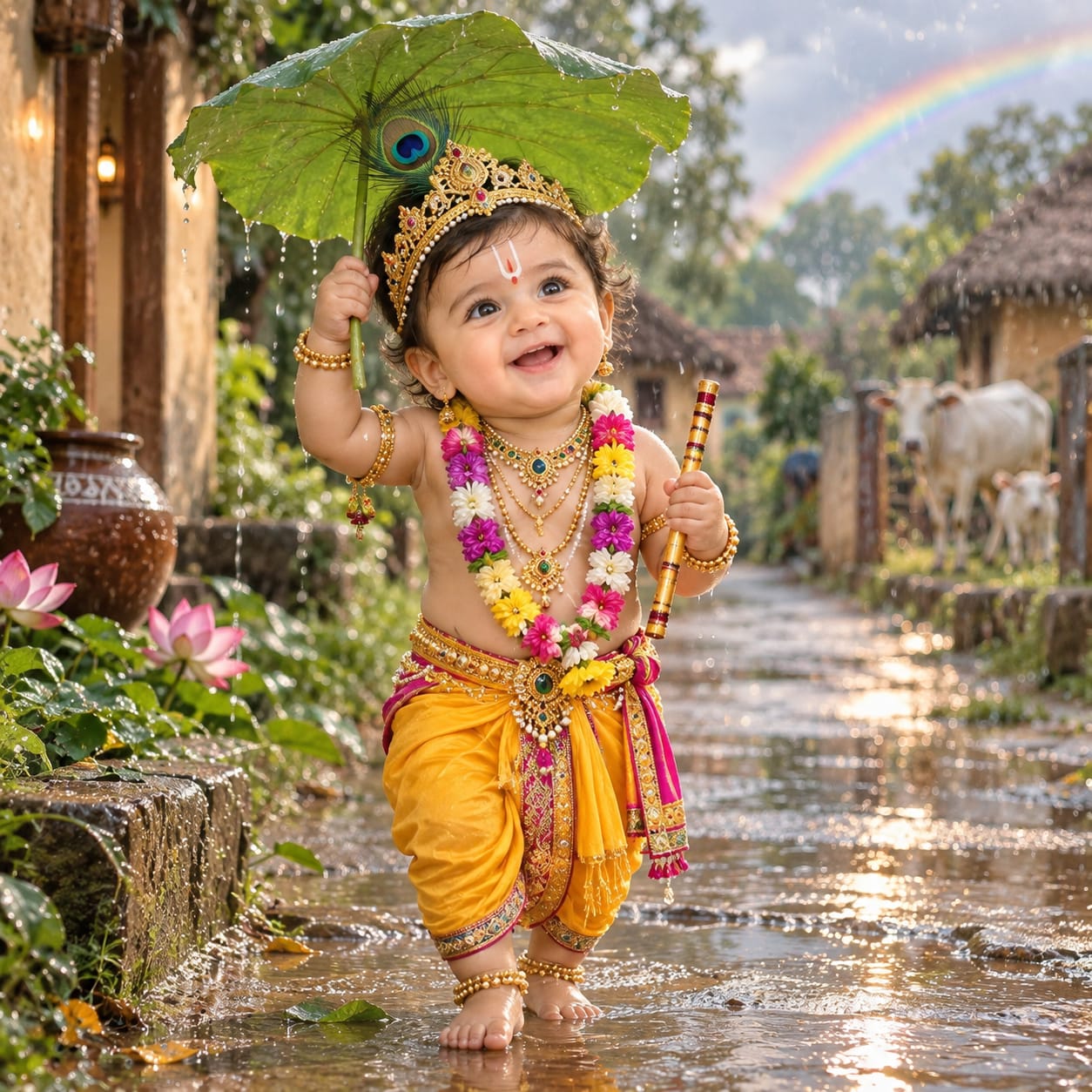 Adorable Indian baby boy dressed as Bal Krishna holding a green leaf above his head on a wet village pathway after rain with a flute and rainbow.