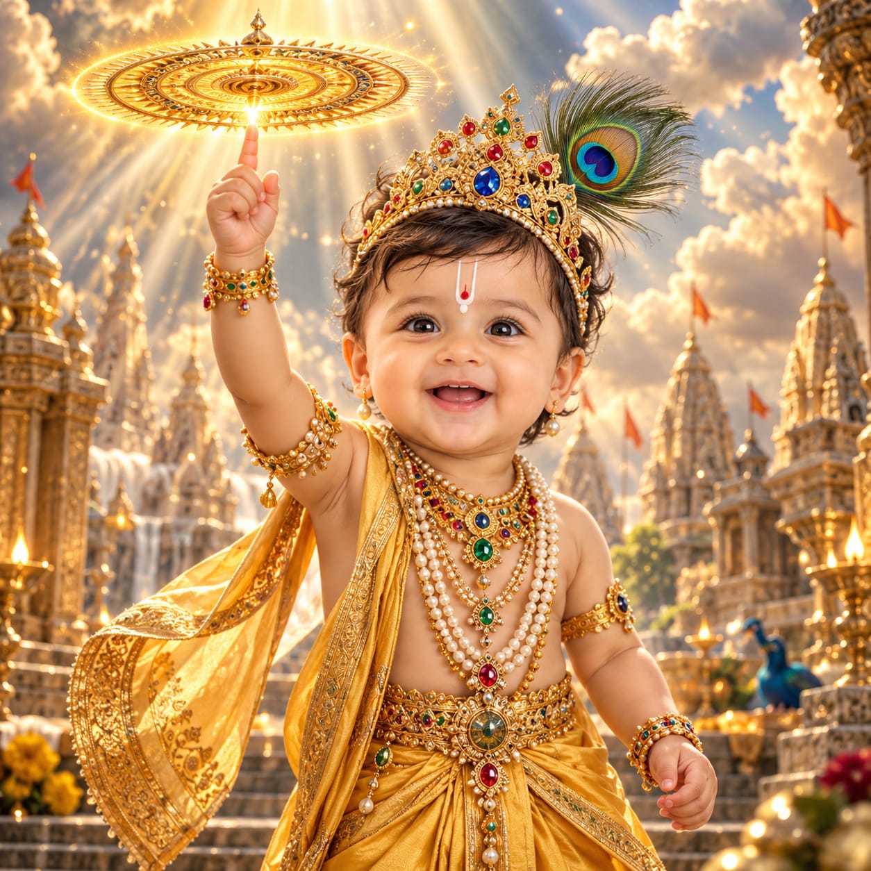Cute Indian boy portrayed as Bal Krishna touching a glowing golden Sudarshana Chakra while standing before a majestic ancient Indian temple city.