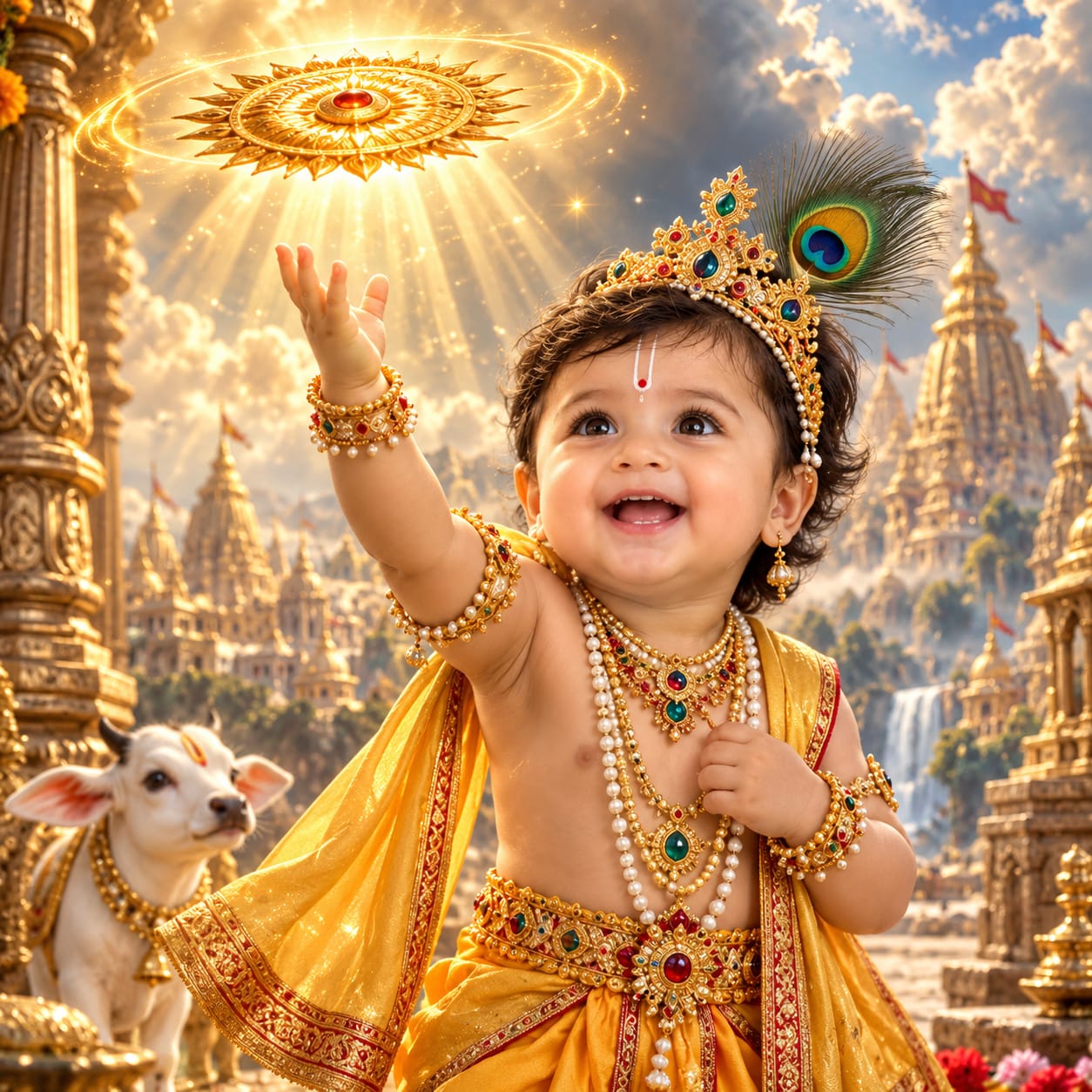 Young Bal Krishna standing before a magnificent temple city and gazing at a glowing golden Sudarshana Chakra above his raised hand.