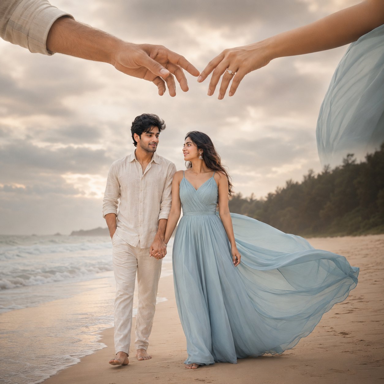 Romantic couple walking along a beach shoreline with a cinematic double-exposure overlay of reaching hands in a luxury wedding portrait Prompt.