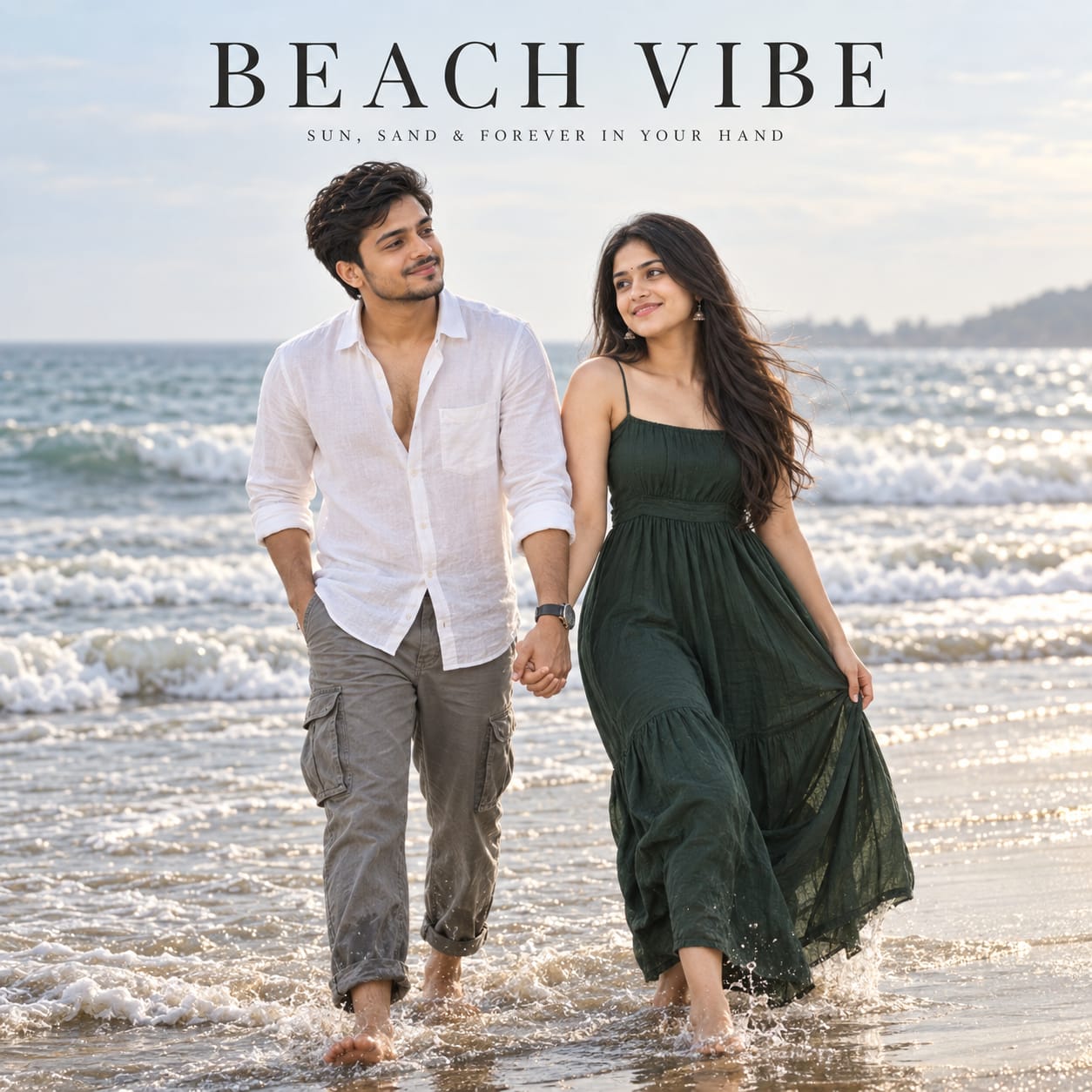 Romantic young couple walking hand-in-hand barefoot through shallow ocean water on a beach, with cinematic haze, elegant outfits, and Beach Vibe typography.