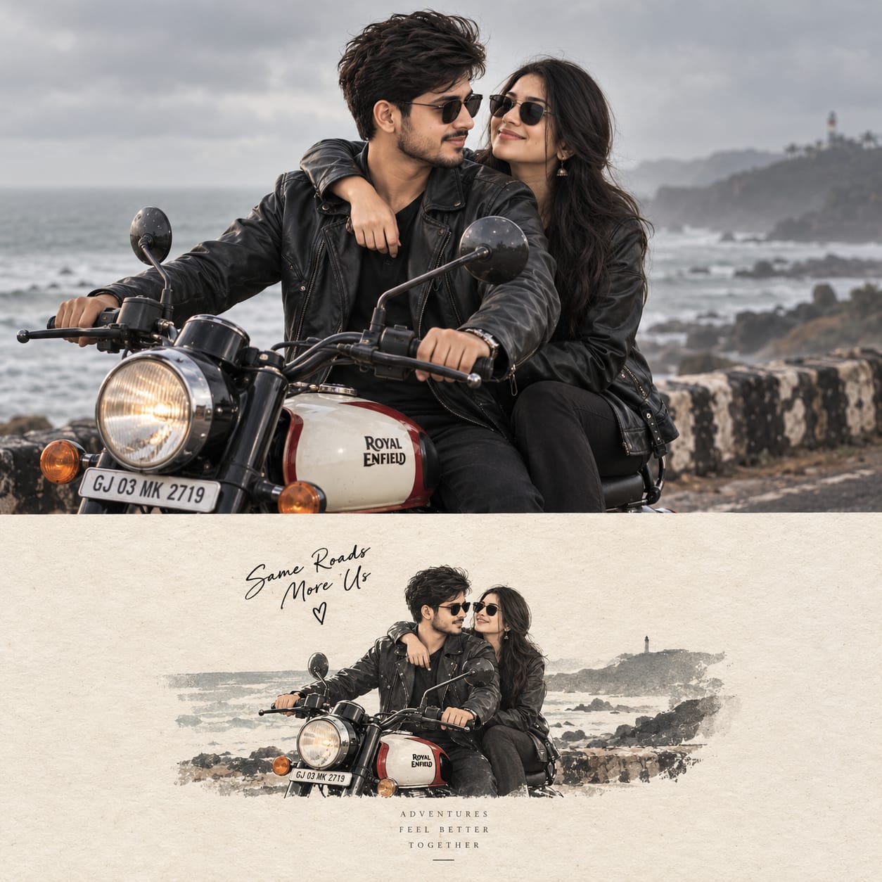 Couple on a Royal Enfield motorcycle beside a misty coastline, wearing black leather jackets in a premium cinematic editorial poster.