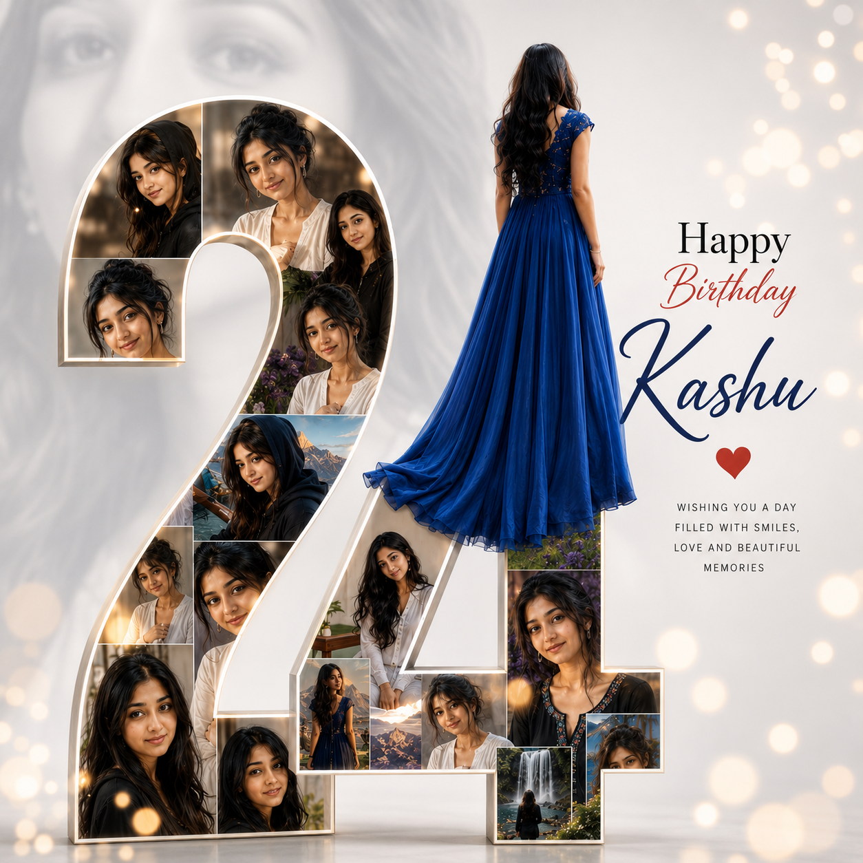 Birthday poster featuring a giant number 24 photo collage, a girl in a royal-blue frock, and elegant Happy Birthday Kashu typography Prompt.