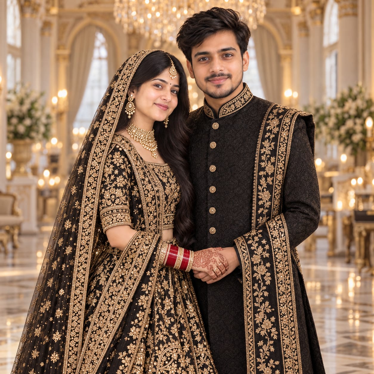 Indian wedding couple in a black sherwani and black-gold bridal lehenga standing together inside a luxurious palace hall with a crystal chandelier.