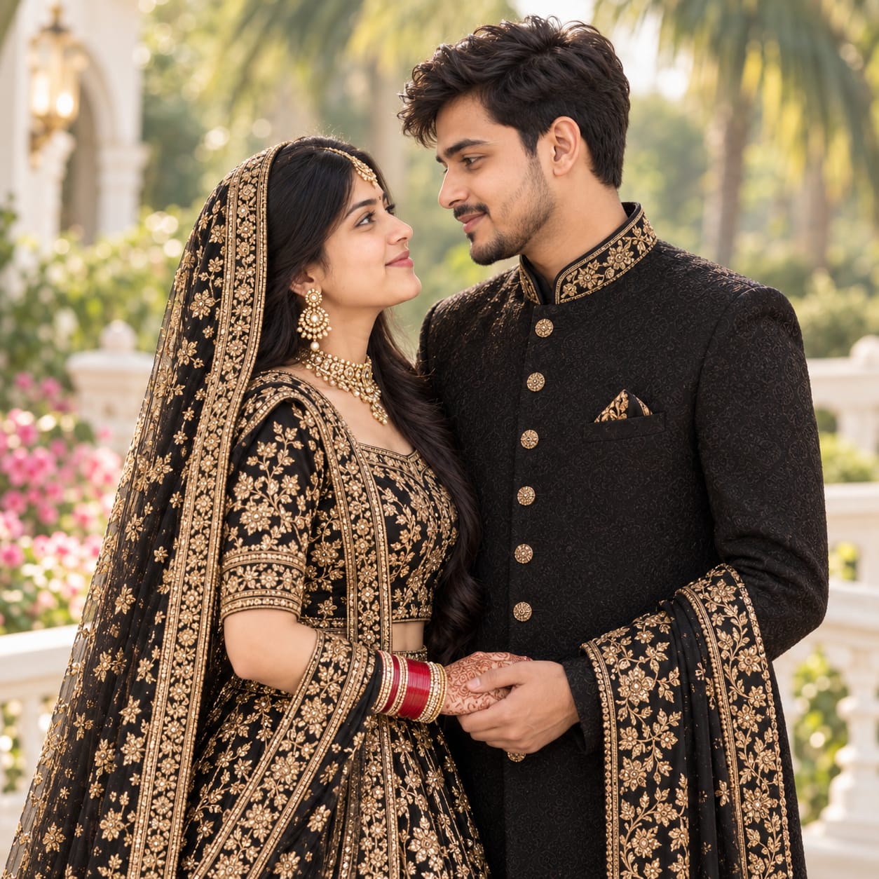 South Asian wedding couple in a black sherwani and black-gold bridal lehenga holding hands in a romantic outdoor garden portrait.