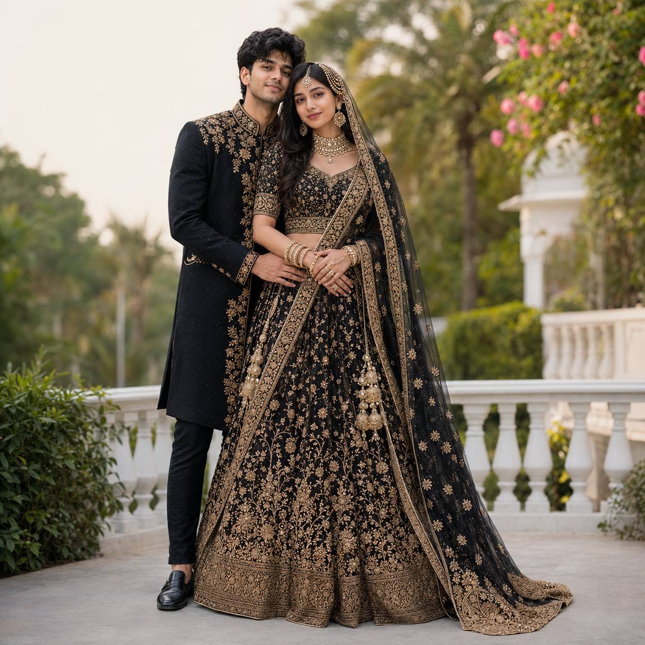South Asian wedding couple wearing black-and-gold bridal attire in a luxury garden portrait with cinematic editorial styling Prompt.