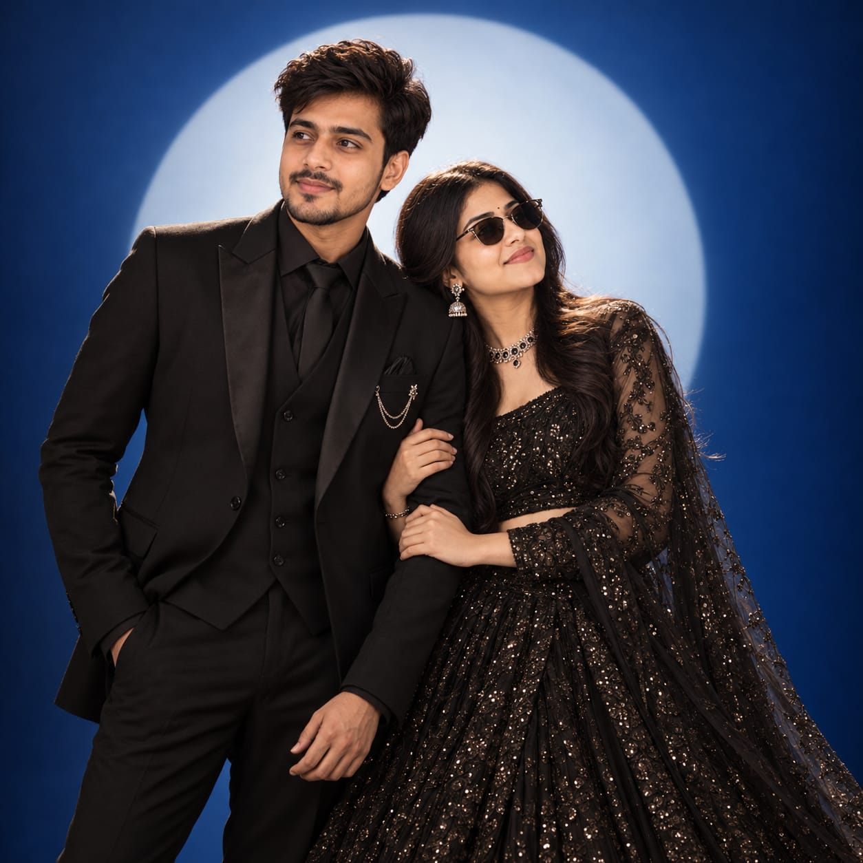 Elegant Indian couple in black luxury fashion outfits posing against a deep-blue studio backdrop with a circular white halo light