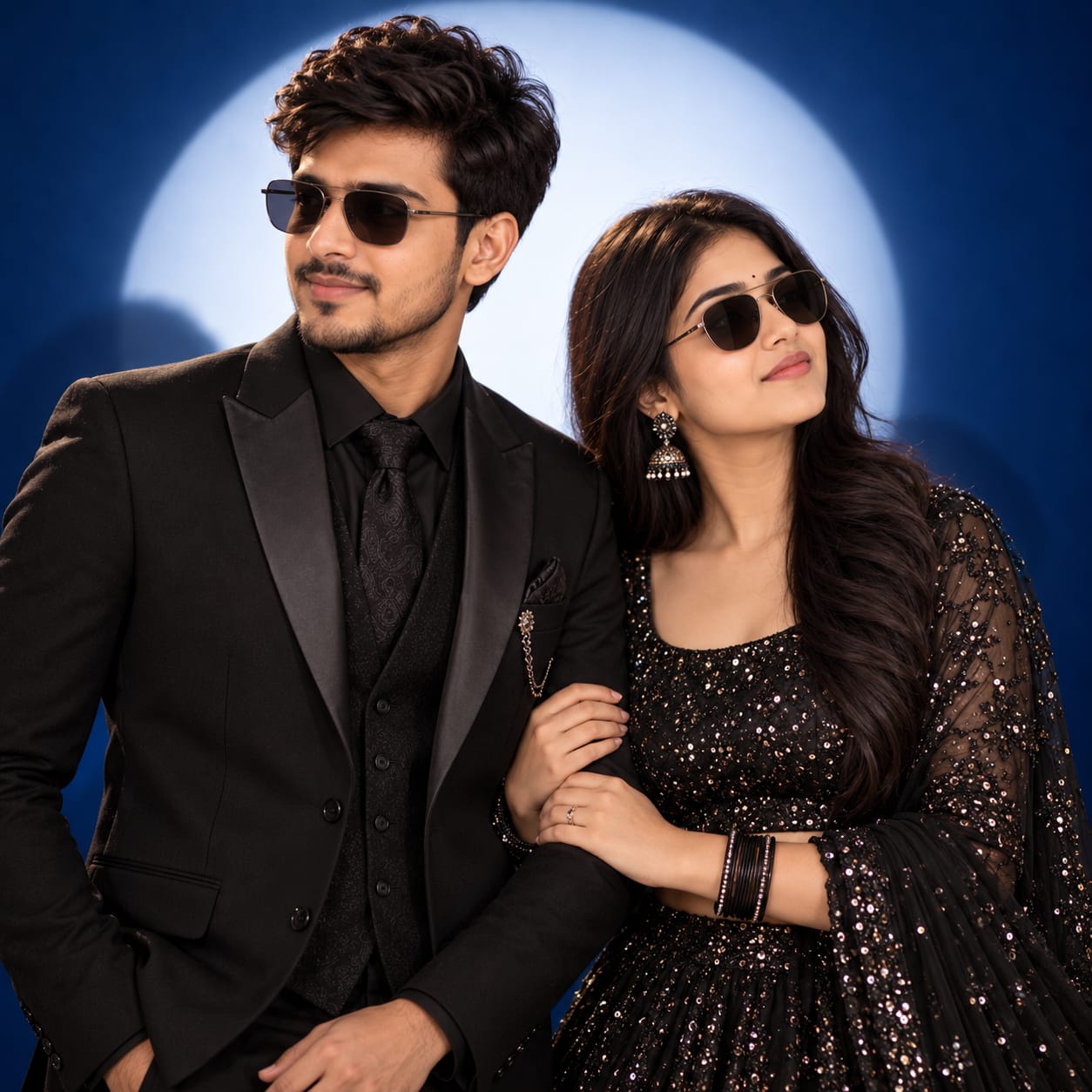 Indian couple in a black designer suit and shimmering black lehenga posing against a deep-blue studio backdrop with a circular halo light