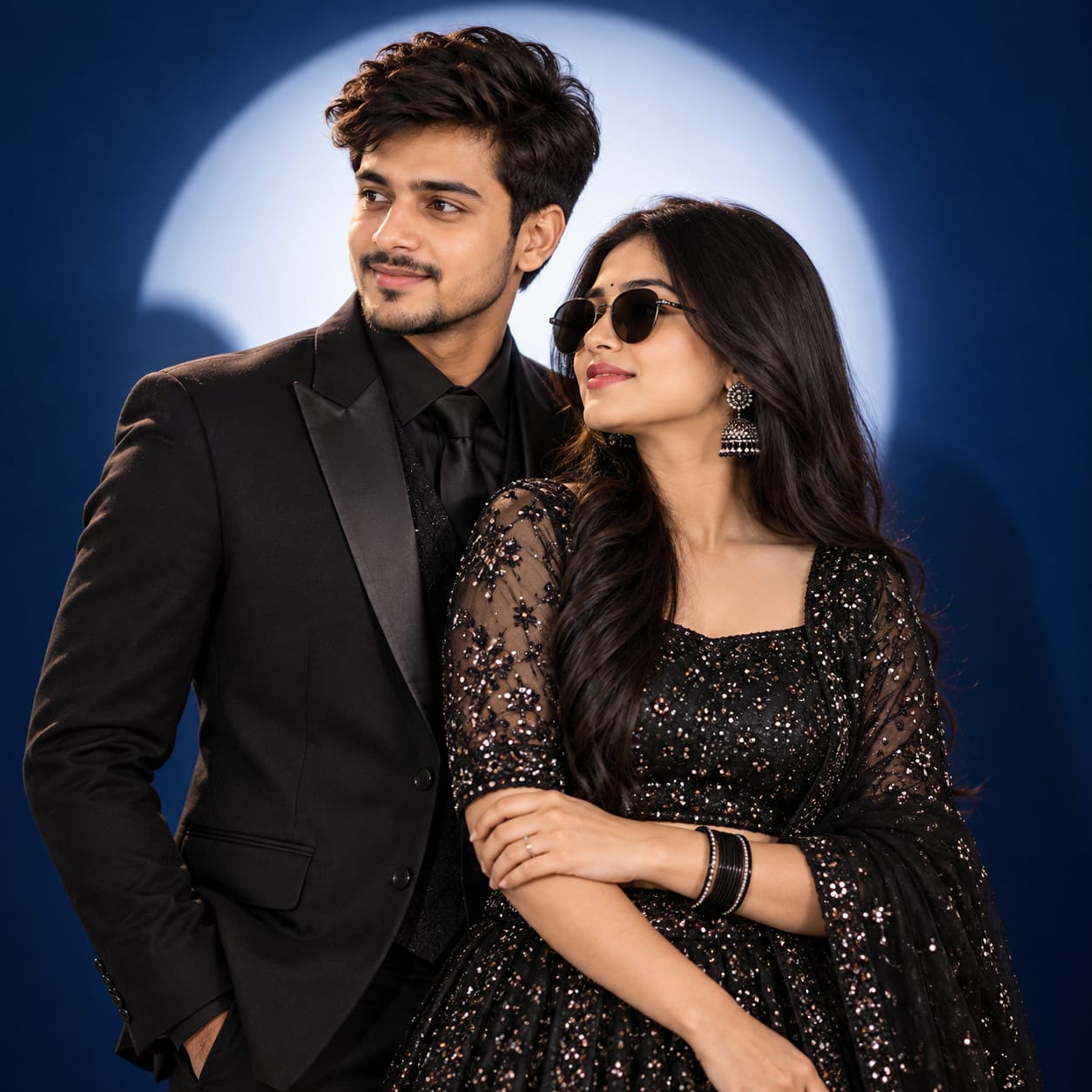 Indian couple in a black designer suit and shimmering black lehenga posing against a deep-blue studio backdrop with circular halo lighting