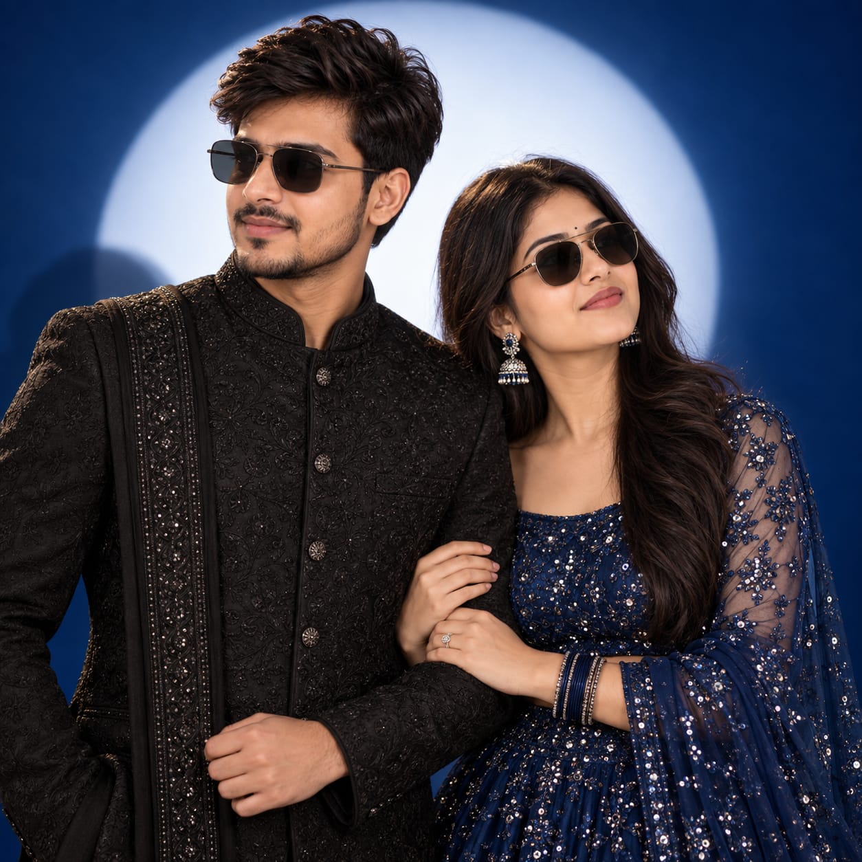 Indian couple in a black designer sherwani and royal-blue sequin lehenga posing against a deep-blue studio backdrop with circular halo lighting