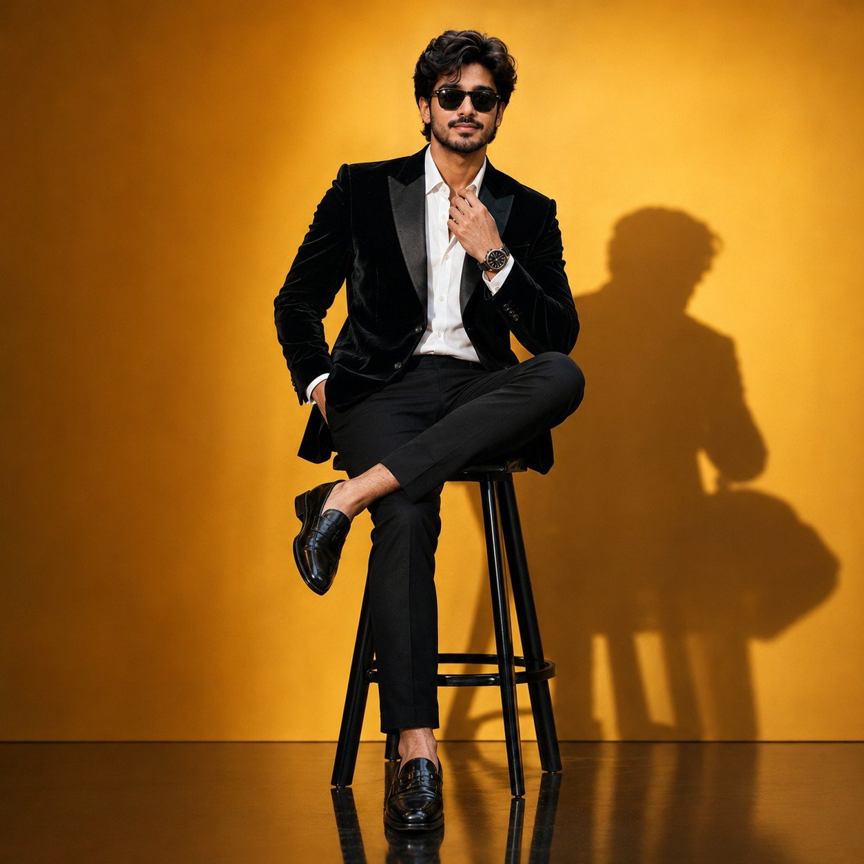 Stylish man wearing a black velvet tuxedo seated on a stool against a golden studio backdrop in a luxury fashion portrait Prompt.