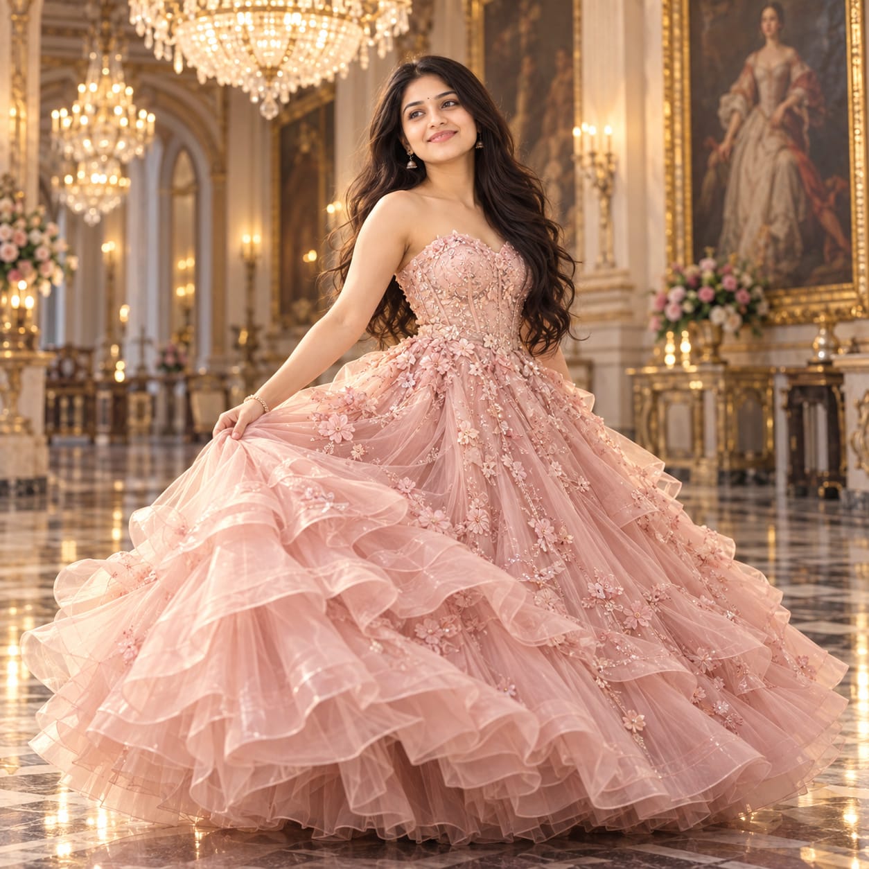 Graceful woman twirling in a blush-pink princess ball gown inside an opulent European royal ballroom with chandeliers and marble flooring