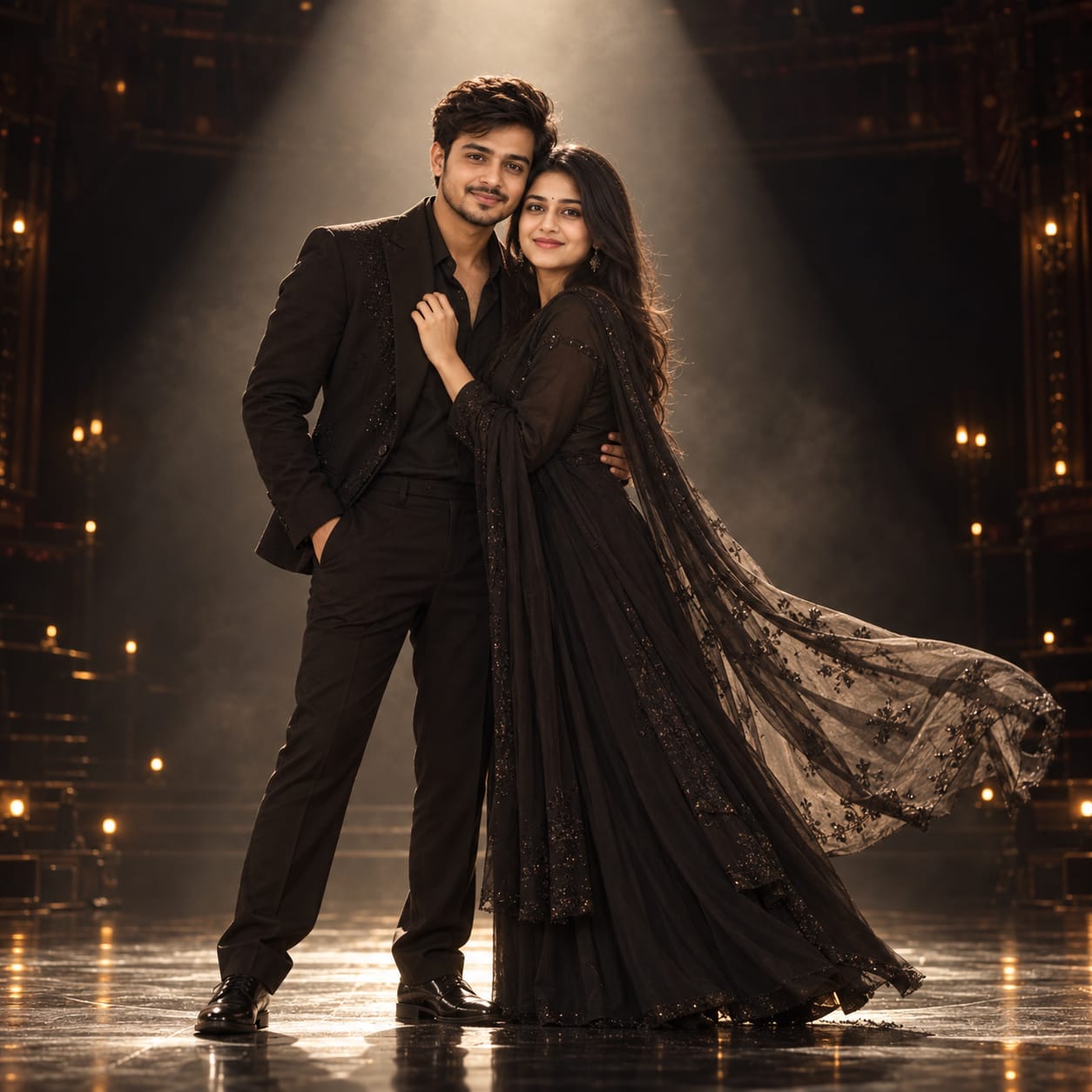 South Asian couple standing on a dark theater stage beneath a dramatic spotlight in a cinematic Bollywood romantic movie scene