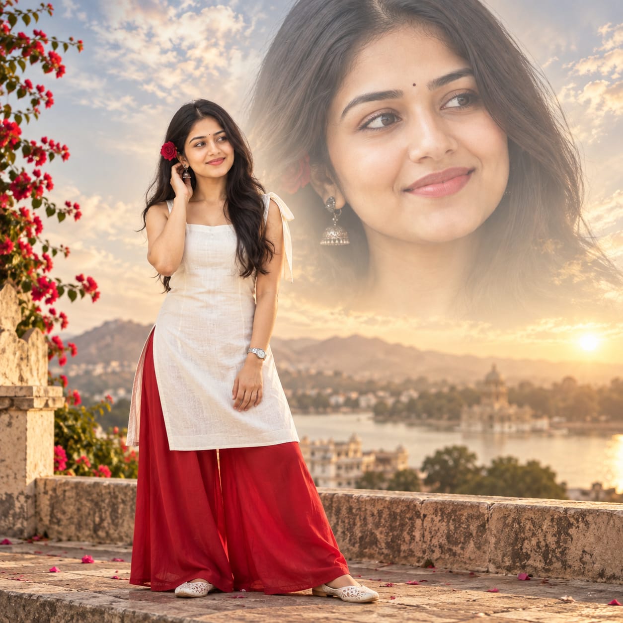 Bollywood-style cinematic portrait of a South Asian woman in red palazzo pants and a white kurti with a double-exposure sky background