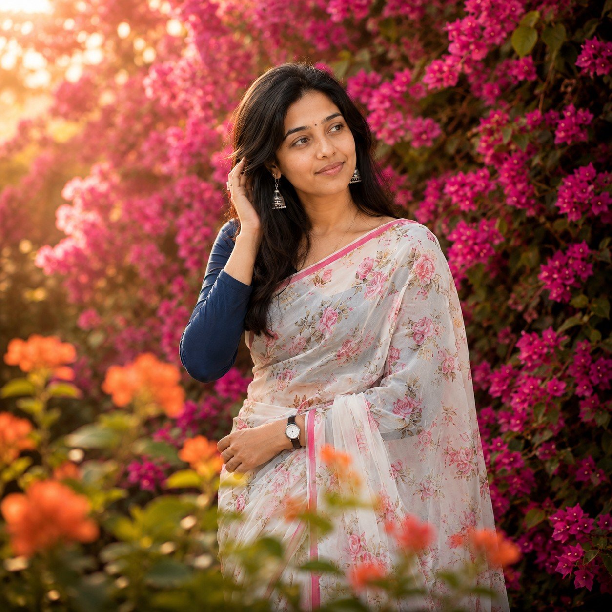 Elegant Indian woman in a floral saree posing in a vibrant bougainvillea garden with warm golden-hour lighting Prompt.