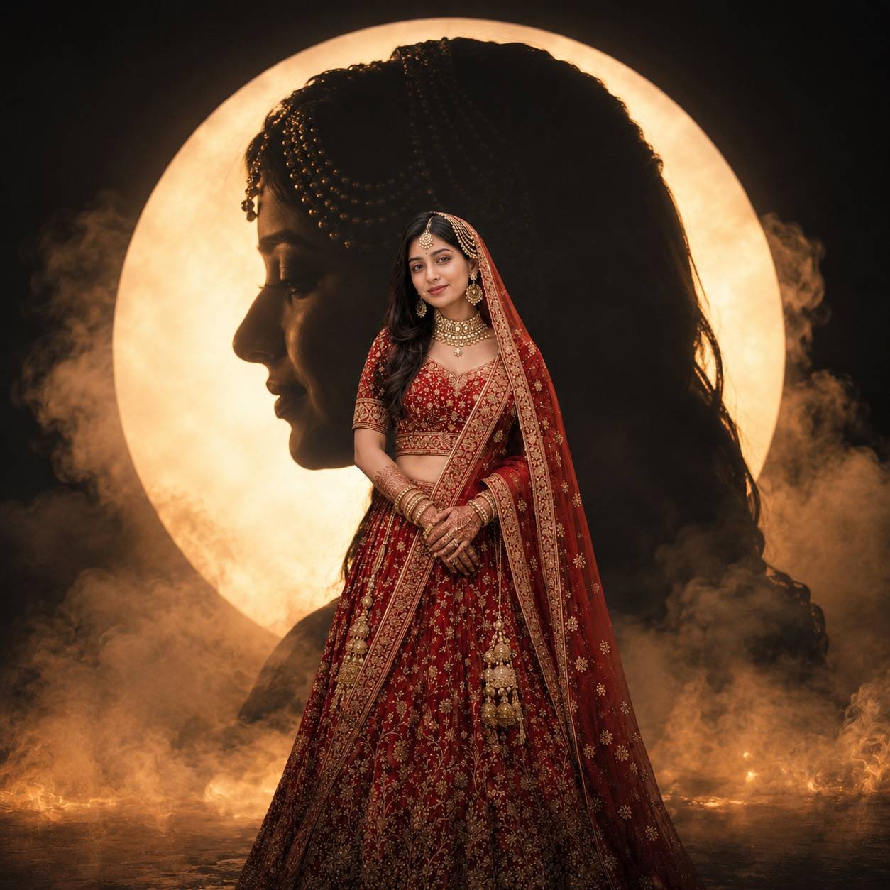 Indian bride in a red lehenga standing before a giant silhouette and glowing moon-like backdrop in a cinematic bridal poster Prompt.