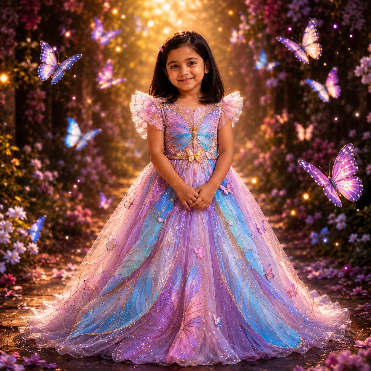Young girl wearing a butterfly-inspired princess gown surrounded by glowing butterflies in a magical fairytale portrait Prompt.