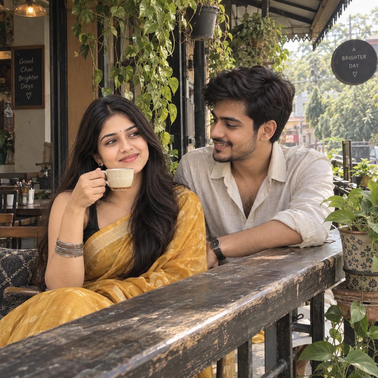 Indian couple sharing a candid café moment on a rustic balcony, with the woman sipping chai in a mustard-yellow saree.