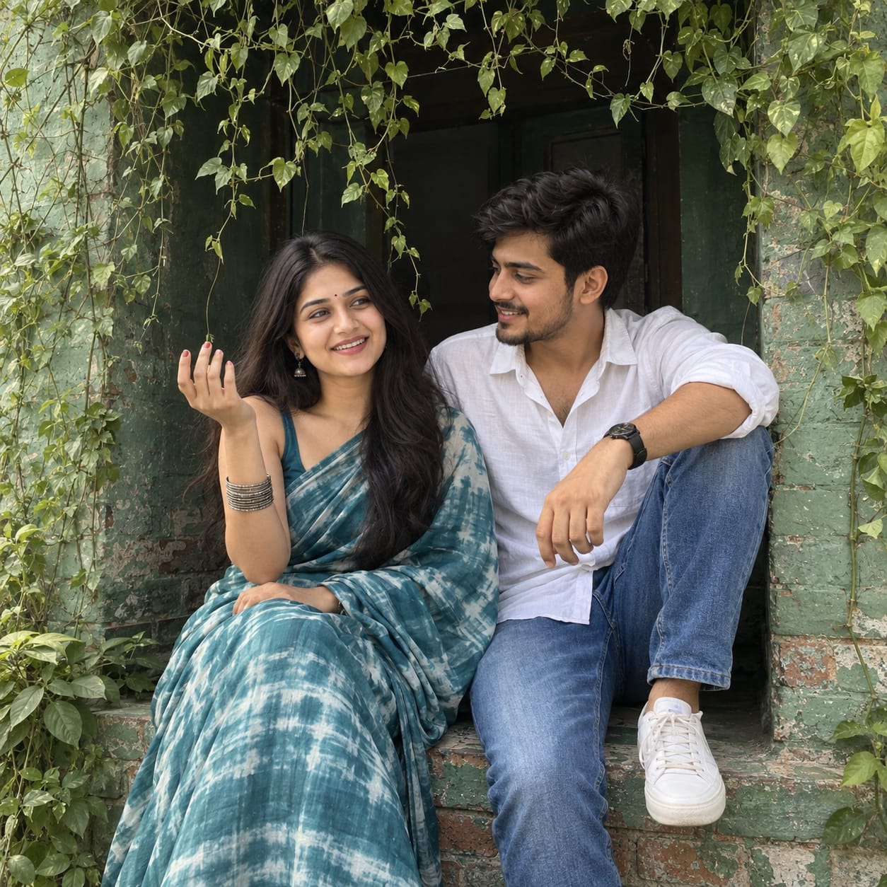 Indian couple laughing together on a weathered green-painted brick window ledge surrounded by lush creeper vines.