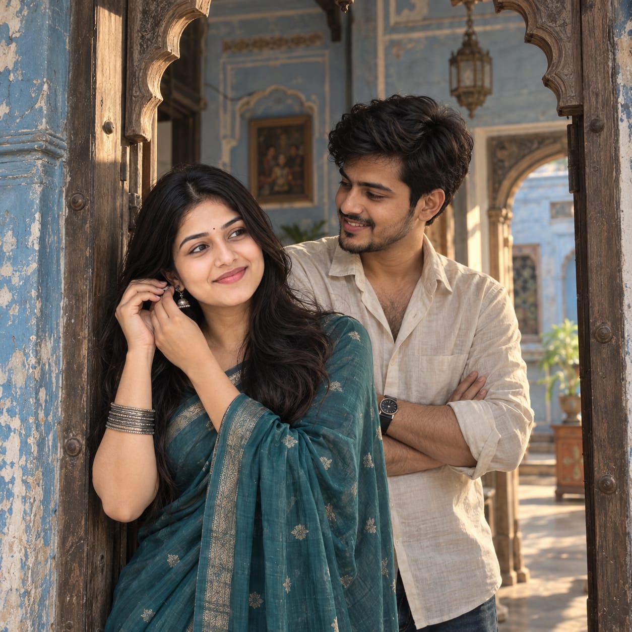 Indian couple sharing a candid moment inside an old Haveli doorway, with the woman in a teal saree and warm afternoon sunlight.