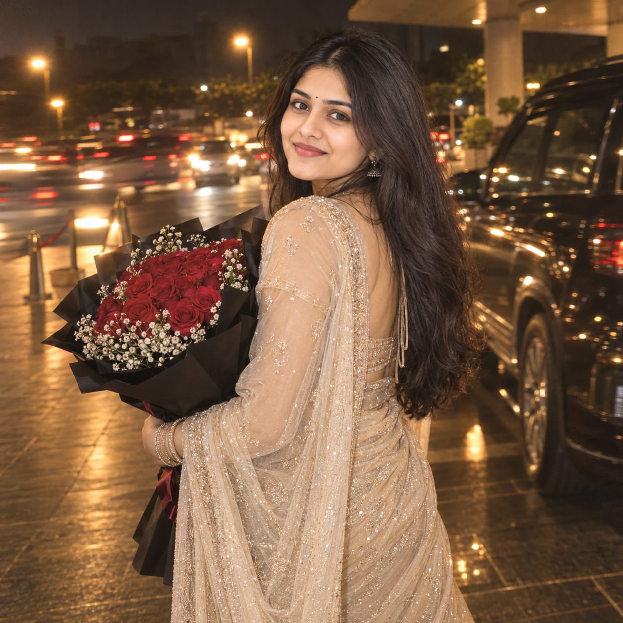 Woman in a shimmering champagne-beige saree carrying a bouquet of deep-red roses during a cinematic nighttime city portrait