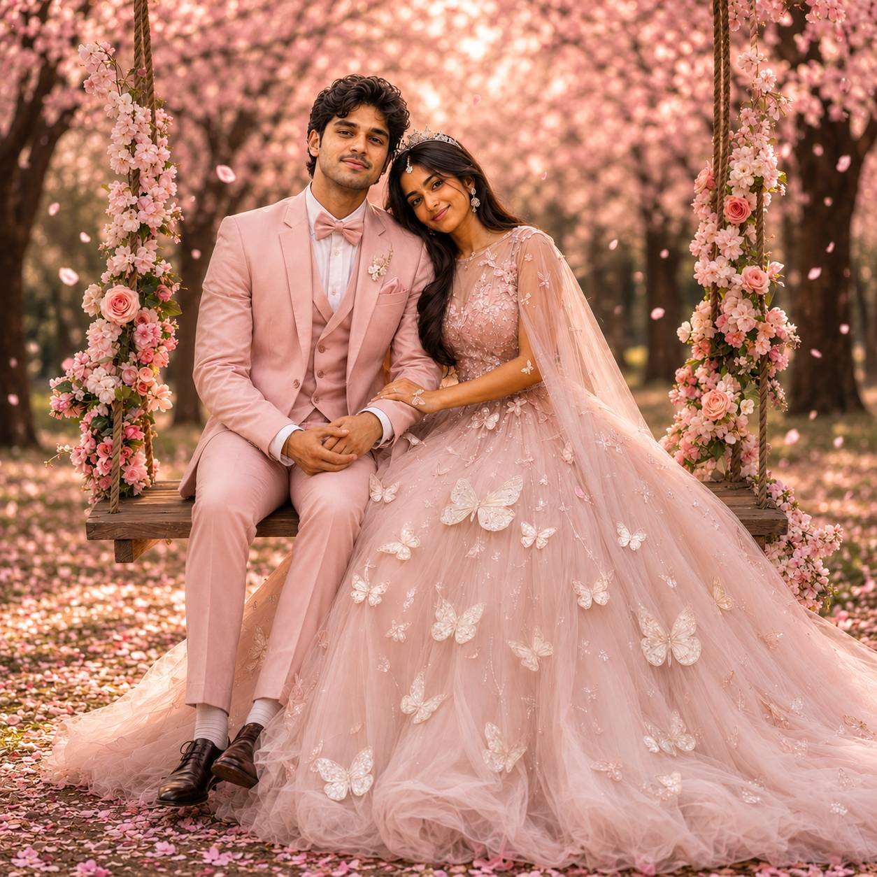 Romantic couple sitting on a flower-decorated swing beneath blooming cherry blossom trees in a dreamy cinematic fairytale garden portrait Prompt.