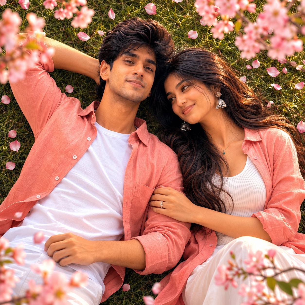 Young couple lying on a green grass field beneath cherry blossoms in a romantic cinematic sunset portrait Prompt.