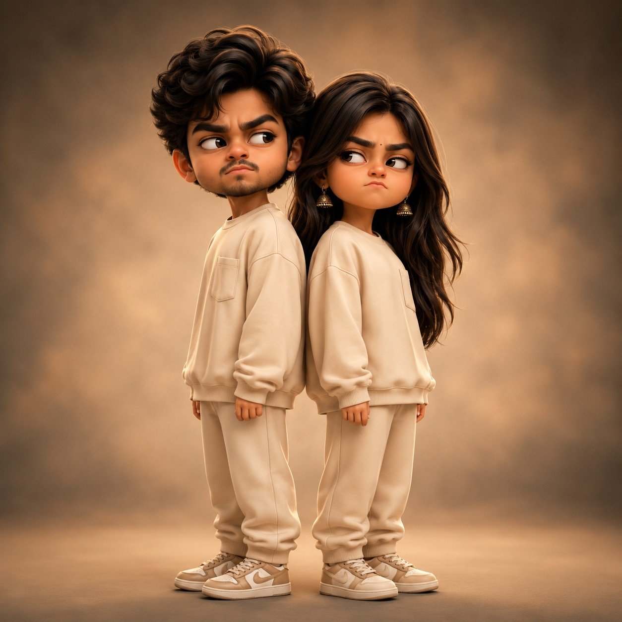 Stylized 3D chibi couple standing back-to-back with playful side-eye expressions in a cinematic studio portrait Prompt.