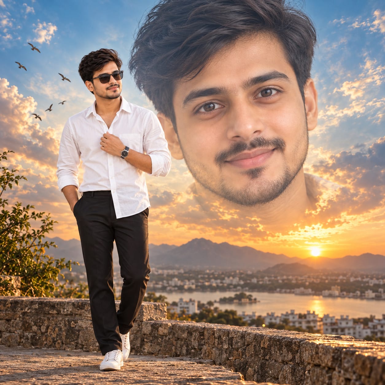 Cinematic double-exposure portrait of an Indian man with an enlarged face blended into a blue and golden sunset sky and full-body foreground pose