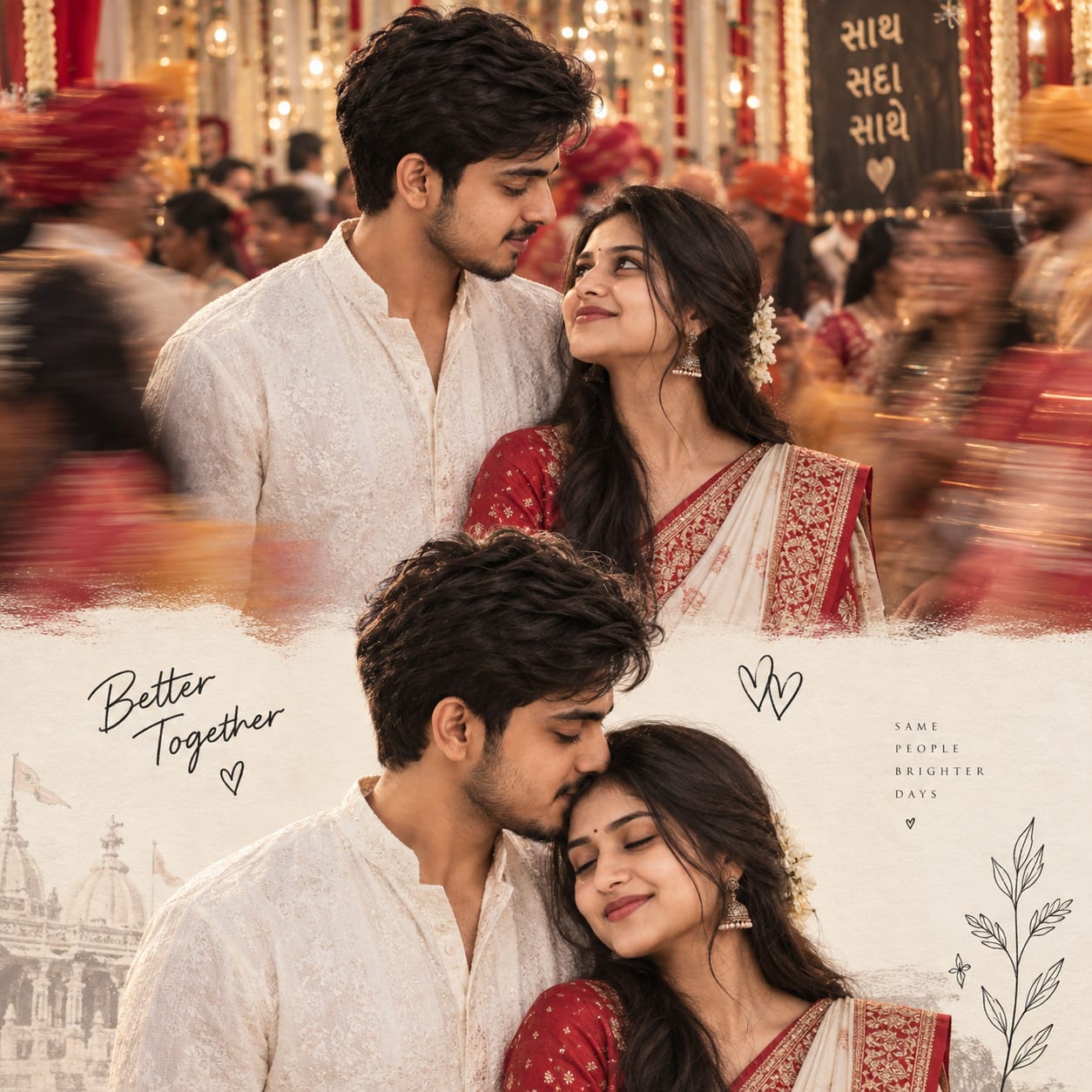 Gujarati wedding couple gazing at each other in a white kurta and white-red saree amid a colorful traditional wedding celebration.